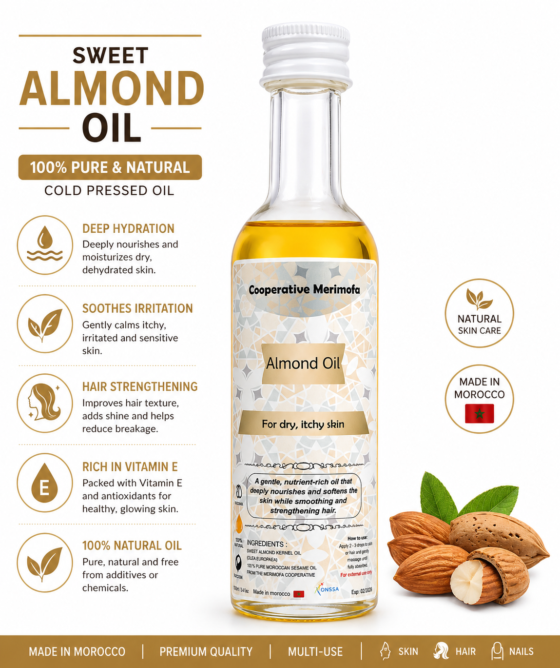 Sweet Almond Oil 50ml – 100% Natural Moisturizing Oil for Skin & Hair | Hydrating, Soothing & Vitamin E Rich