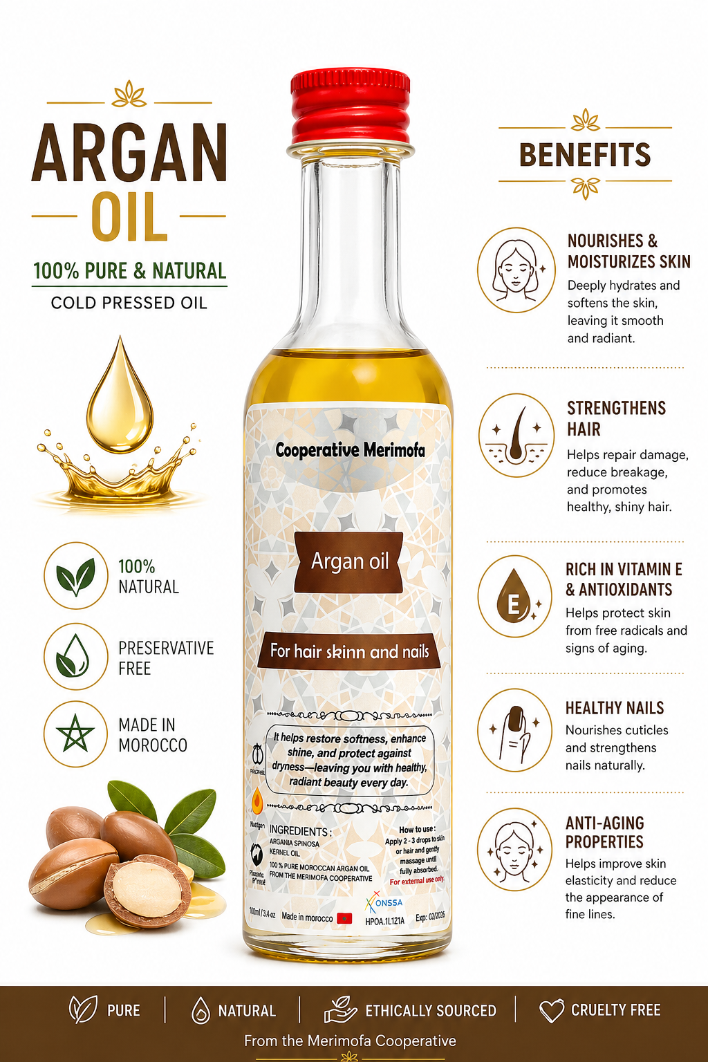 100% Pure Moroccan Argan Oil 50ml – Cold Pressed Natural Oil for Hair, Skin & Nails | Hydrating, Anti-Aging & Repair