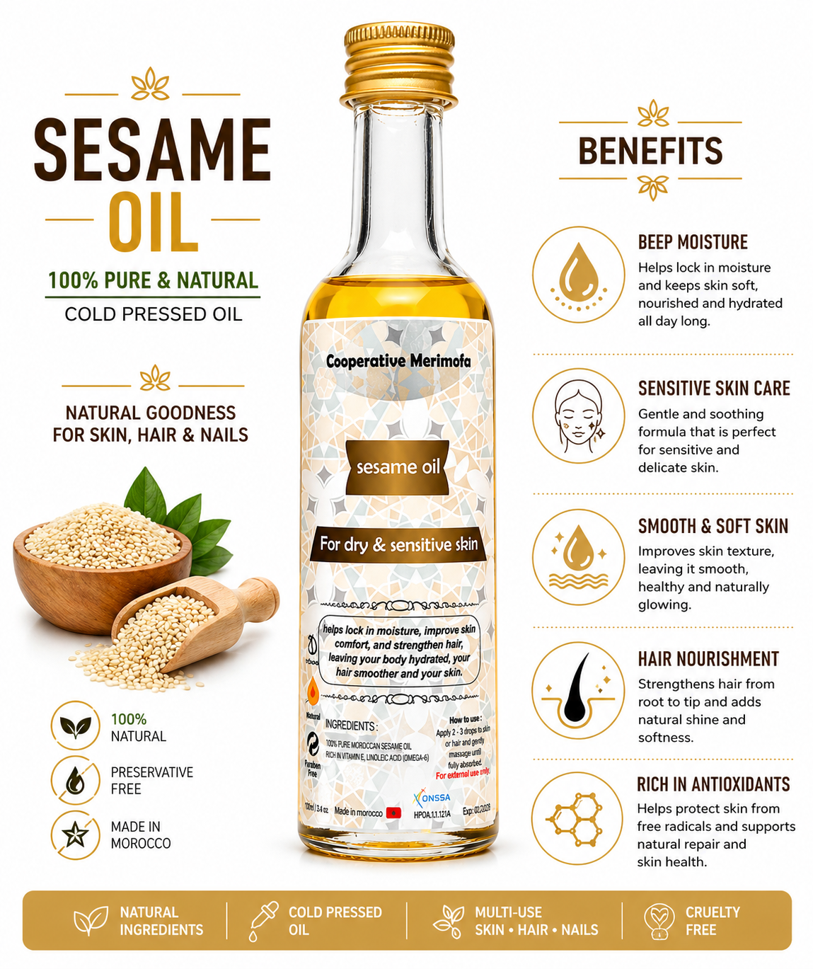 Sesame Oil 50ml – 100% Natural Hydrating Oil for Skin & Hair | Deep Moisture & Sensitive Skin Care