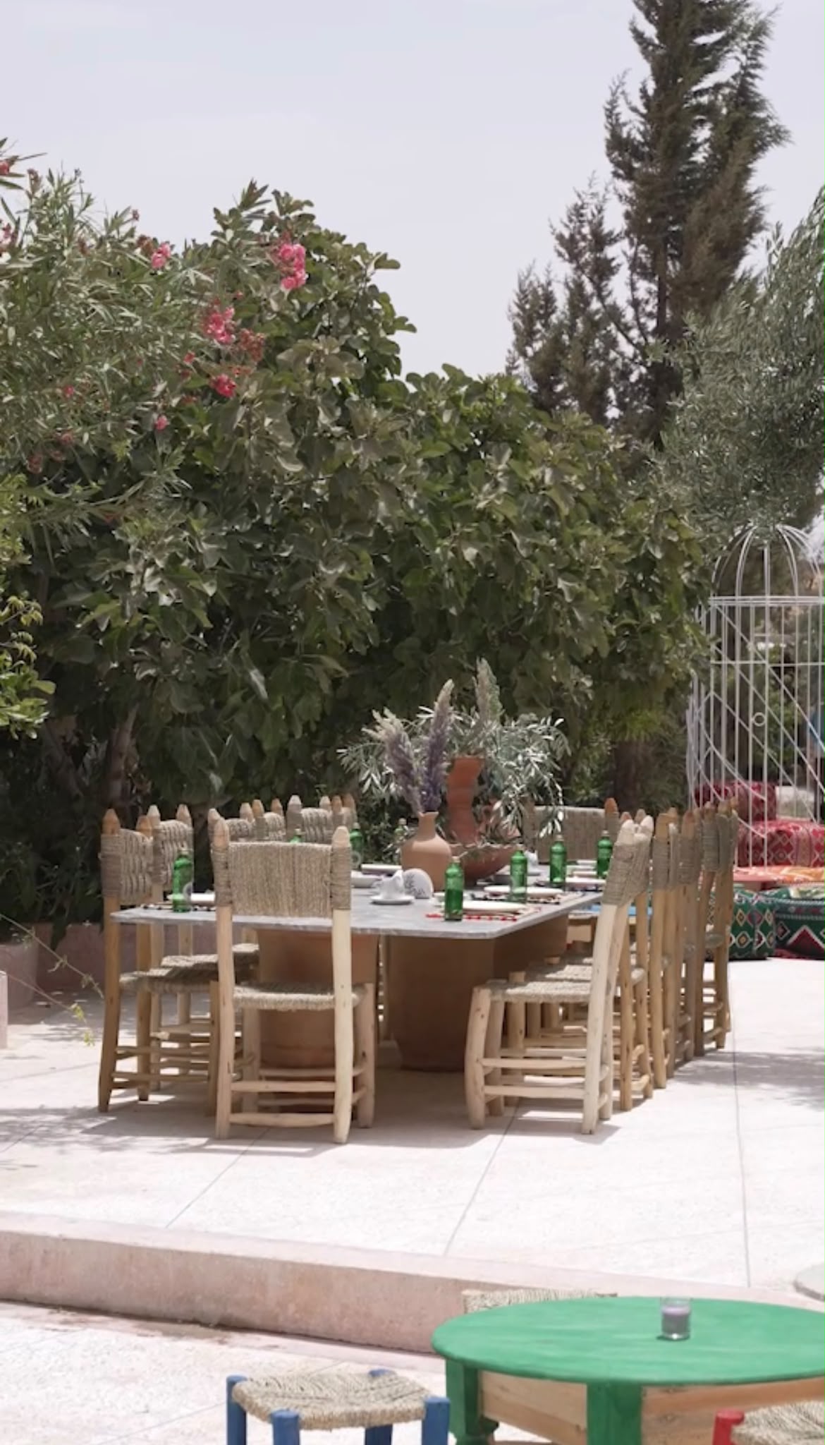 Dar Cherfa dining table framed by fig, olive and flowering trees